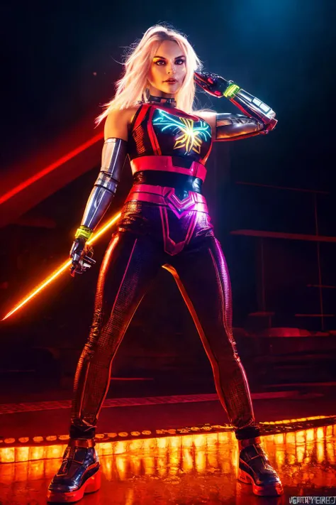 <lora:quiron_KatjaKean_v3_lora:0.94> <lora:quiron_Jaspion_v1_Lora:0.57>, (realistic), cyberpunk style,  cinematic photo, KatjaKeanQuiron woman, blonde hair, katja kean as cyberpunk JaspionQuiron character wearing (phoenix  from xmen) rusty armor with (metallic details) with rusty and damage (cybernetic arm and leg), cyberpunk scene, (dynamic posture),  perfect hands, Her face showcases a multitude of cybernetic implants, each adding to her cyberpunk allure, (ai artwork by Quiron:0.1), neon light, night,  insane level of details, trending on artstation, cinematic light, side lighting, best shadow,  8k uhd, dslr, soft lighting, high quality, film grain, Fujifilm XT3,
