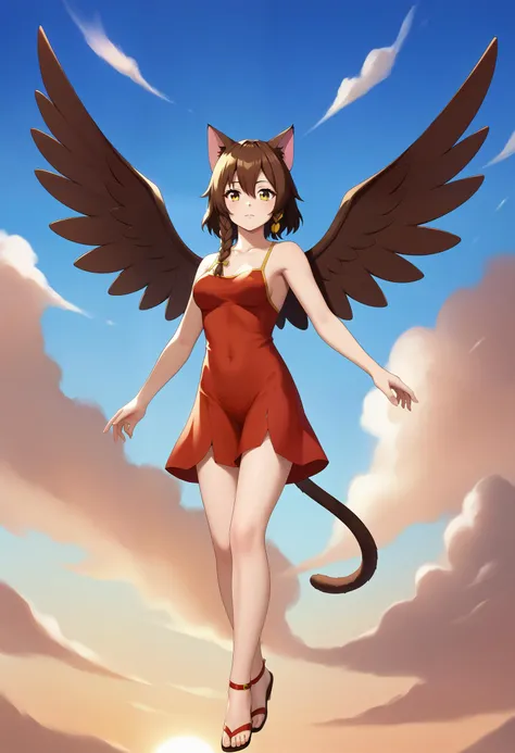 score_9, UVAO, 1girl, looking at viewer, brown_hair, cat_ears, hair_between_eyes, single braid, long_hair, yellow_eyes, red dress, medium breasts, full body, wings, sky <lora:UVAO-XL-pony:0.8>