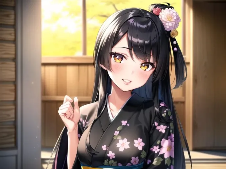 outdoors,casual, 1girl, <lora:nijou_v1:0.7>nijou,black hair,side ponytail, long hair,hoge,hair flower,black kimono,a obi,, <lora:flatBG:-0.45> ,<lora:flat2:-0.45>,(dark light:1.2),(hyper extreme detailed),(masterpeace),(hyper extreme),(photorealistic),game cg,llustration,novel illustration,beautiful lighting,light from the front,
