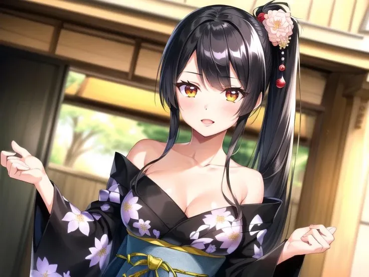 outdoors,casual, 1girl, <lora:nijou_v1:0.7>nijou,black hair,side ponytail, long hair,hoge,hair flower,black kimono,a obi,, <lora:flatBG:-0.45> ,<lora:flat2:-0.45>,(dark light:1.2),(hyper extreme detailed),(masterpeace),(hyper extreme),(photorealistic),game cg,llustration,novel illustration,beautiful lighting,light from the front,