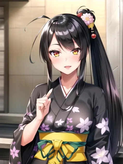 outdoors,casual, 1girl, <lora:nijou_v1:0.7>nijou,black hair,side ponytail, long hair,hoge,hair flower,black kimono,a obi,, <lora:flatBG:-0.45> ,<lora:flat2:-0.45>,(dark light:1.2),(hyper extreme detailed),(masterpeace),(hyper extreme),(photorealistic),game cg,llustration,novel illustration,beautiful lighting,light from the front,