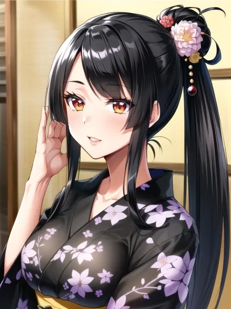 outdoors,casual, 1girl, <lora:nijou_v1:0.7>nijou,black hair,side ponytail, long hair,hoge,hair flower,black kimono,a obi,, <lora:flatBG:-0.45> ,<lora:flat2:-0.45>,(dark light:1.2),(hyper extreme detailed),(masterpeace),(hyper extreme),(photorealistic),game cg,llustration,novel illustration,beautiful lighting,light from the front,