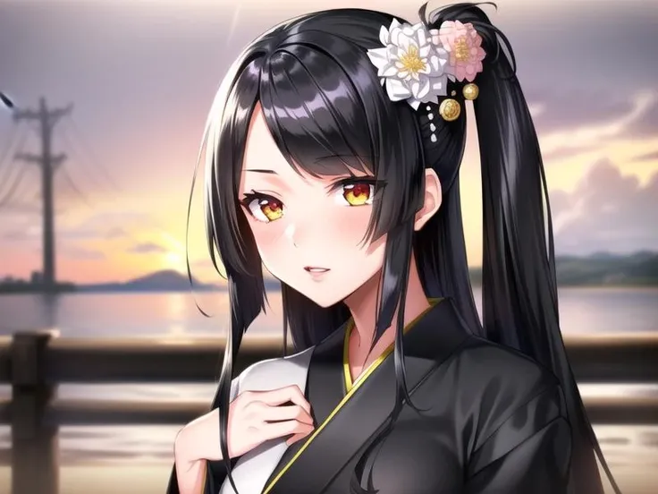 outdoors,casual, 1girl, <lora:nijou_v1:0.7>nijou,black hair,side ponytail, long hair,hoge,hair flower,black kimono,a obi,, <lora:flatBG:-0.45> ,<lora:flat2:-0.45>,(dark light:1.2),(hyper extreme detailed),(masterpeace),(hyper extreme),(photorealistic),game cg,llustration,novel illustration,beautiful lighting,light from the front,