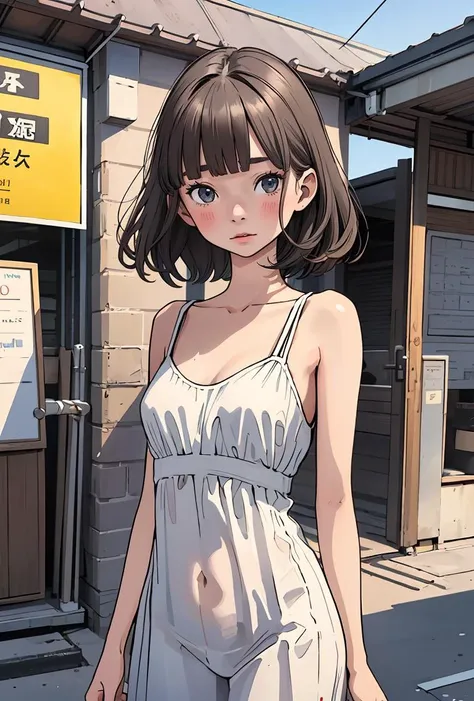 (highest quality:1.5,Cowboy shot:1.2),(perfect beautiful face:1.2),(perfect and beautiful posture:1.2),(Solo,Japanese girl),((messy short cut hair), (confused:1.3,embarrassed), shyness:1.1),((flat chest:1.4)),(open mouth,(simple White dress,stripe bra Panties),black hair,Looking away,(at the City alley:1.3,nearly the strip show theatre entrance),(scared expression,constricted pupils:1.3,tears), pov, (((pov hands:1.2, assisted exposure:1.3, pulled bra by another:1.3, undressed simple dress by another:1.3, undressing Panties by another:1.3))), shiny skin, oiled skin,embarrassed,(nipples slide),sticky with a lotion and sweat