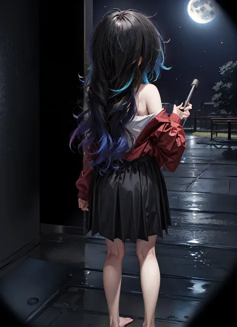 ((best quality)), ((highly detailed)), masterpiece, extremely detailed face, beautiful face, , (1girl), <lora:age_slider_v2:-1>, dynamic pose, full body, ((wide shot)), <lora:Ombre Hair:.7>, ((ombre hair)), two-tone hair, multicolored hair, <lora:hairdetailer:.8>, NEET, (fair skin), <lora:bags_under_eyes:1>, ((bags under eyes)), tired, sleepy, (very long hair), (((very messy hair))), dark blue hair, (blue eyes), frown, oversized hoodie, off shoulder, bare shoulders, collarbone, choker, skirt, barefoot, ((in a dark room)), lights off, (dim lighting), messy room, junk food, ((from behind)), (butt crack), (facing away), a large television, video game console, futon, at night, <lora:LowRA:.6>, dark theme, (outside, at a park, trees, path, city in the background, night, night sky, stars, full moon, telescope)