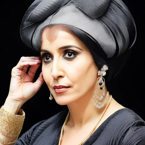 a woman with black hair and earrings on her head looking off to the side with a black background and a black background, Anita Malfatti, promotional image, , dau-al-set