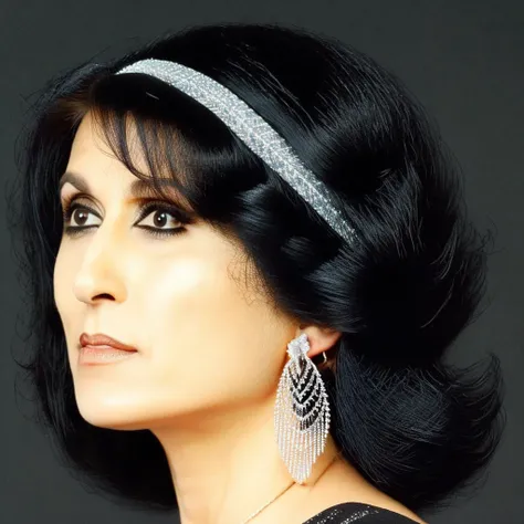 a woman with black hair and earrings on her head looking off to the side with a black background and a black background, Anita Malfatti, promotional image, , dau-al-set