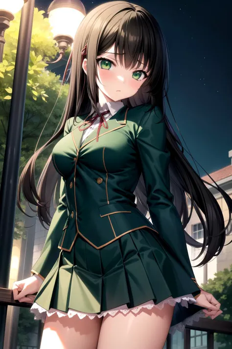 (((sfw))),Shinonome Satsuki, <lora:Satsuki:0.6>, (1girl), (masterpiece, best quality), (beautiful eyes, (slim), solo), long hair, black hair, red ribbon, green eyes, blunt bangs, school uniform, green blazer, green skirt, (dressed), (in a park at night), <lora:more_details:0.5>, <lora:naturalBreasts_v1:0.4>
