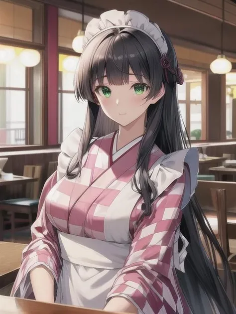 best quality, masterpiece, highres, detailed, perfect anatomy, <lora:Detail - add_detail:0.2>, black hair, medium breasts, pink checkered kimono, restaurant, green eyes, long hair, blunt bangs, maid headdress, apron, frills, upper body, lora:Character - SatsukiV12:0.8>, WafuMaidCh, <lyco:WafuMaid-10:0.8>