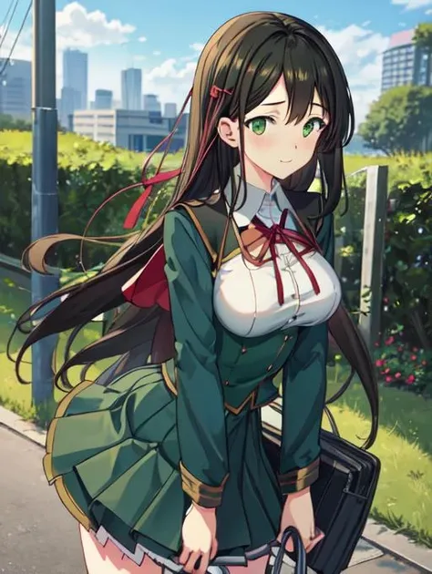 best quality, masterpiece, highres, detailed, perfect anatomy, <lora:Detail - add_detail:0.2>, black hair, green eyes, medium breasts, student uniform, green clothes, red bow, happy, layered skirt, outdoors, standing next to a blue bike, <lora:Character - SatsukiV12:0.8>