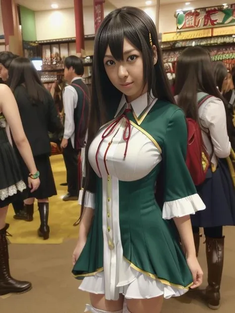 best quality, masterpiece, highres, detailed, <lora:Detail - add_detail:0.2>, digital illustration, ShinonomeSatsuki, long hair, black hair, green eyes, red hair ornament, green dress with white breast pouch, <lora:Character - ShinonomeSatsukiV2:0.8>, realistic, knee boots, layered dress, cosplay, anime convention, japanese woman,
