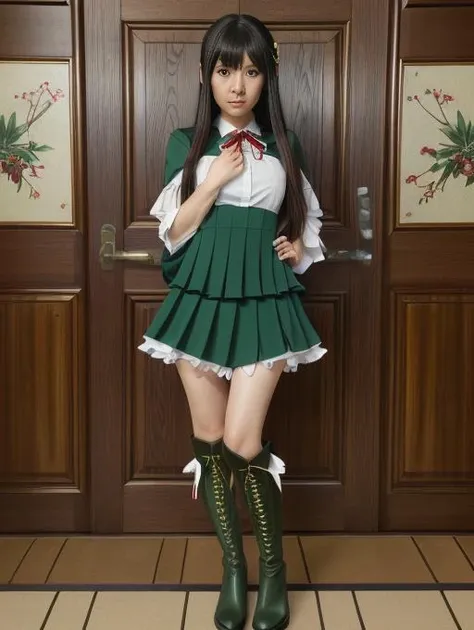 best quality, masterpiece, highres, detailed, <lora:Detail - add_detail:0.2>, digital illustration, ShinonomeSatsuki, long hair, black hair, green eyes, red hair ornament, green dress with white breast pouch, <lora:Character - ShinonomeSatsukiV2:0.8>, realistic, knee boots, layered dress, cosplay, anime convention, japanese woman,