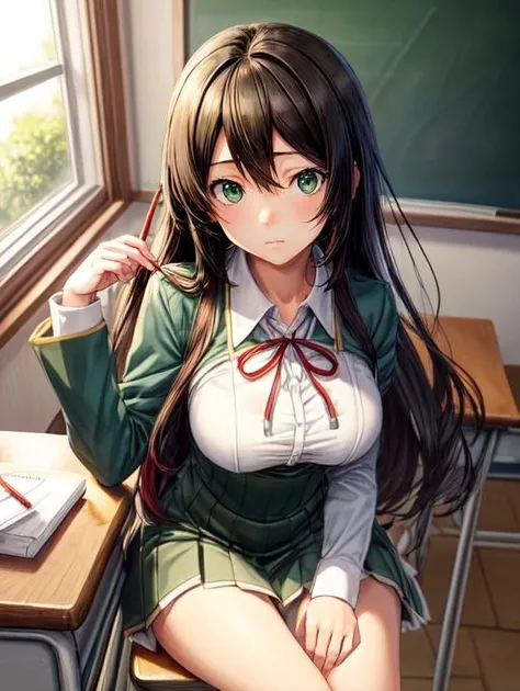 best quality, highres,Slender、brown eyes、tall、(bangs bangs:1.5)、long hair,straight hair、classroom、19 years old、(Light green lace bra:1.5)、black skirt、black hair 、8 life size