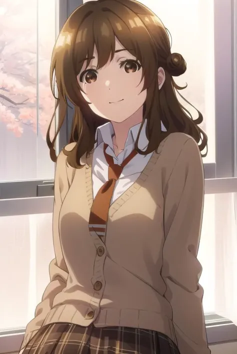 yuzuizumi, <lora:yuzu izumi s1-lora-nochekaiser:1>,
yuzu izumi, long hair, brown hair, (brown eyes:1.5), hair bun, single hair bun, mole, mole under mouth, smile,
BREAK skirt, school uniform, pleated skirt, necktie, socks, plaid, kneehighs, plaid skirt, cardigan,
BREAK indoors, classroom,
BREAK looking at viewer,
BREAK <lyco:GoodHands-beta2:1>, (masterpiece:1.2), best quality, high resolution, unity 8k wallpaper, (illustration:0.8), (beautiful detailed eyes:1.6), extremely detailed face, perfect lighting, extremely detailed CG, (perfect hands, perfect anatomy),
