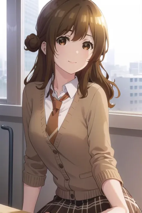 yuzuizumi, <lora:yuzu izumi s1-lora-nochekaiser:1>,
yuzu izumi, long hair, brown hair, (brown eyes:1.5), hair bun, single hair bun, mole, mole under mouth, smile,
BREAK skirt, school uniform, pleated skirt, necktie, socks, plaid, kneehighs, plaid skirt, cardigan,
BREAK indoors, classroom,
BREAK looking at viewer,
BREAK <lyco:GoodHands-beta2:1>, (masterpiece:1.2), best quality, high resolution, unity 8k wallpaper, (illustration:0.8), (beautiful detailed eyes:1.6), extremely detailed face, perfect lighting, extremely detailed CG, (perfect hands, perfect anatomy),