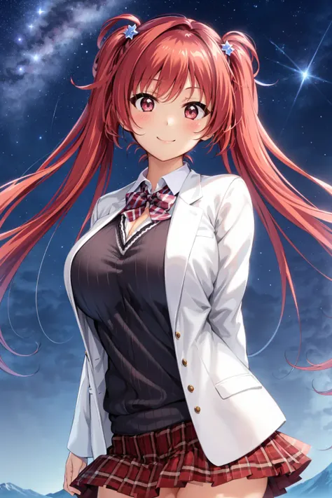 masterpiece, best quality, 1girl, <lora:HikariHoukiboshi:0.8>, hikari houkiboshi, cleavage, school uniform, white jacket, black shirt, looking at viewer, smile, night, starry sky, (shooting star), mountains, floating hair