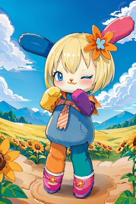 (masterpiece, best quality, highres, ultra detailed:1.2), (solo, 1girl, furry female, cowboy shot), usahana, long twintails, orange flower, :3, blue eyes, one eye closed, open mouth, rabbit, chibi, orange and green legs, (dynamic pose), (rainbow, clouds, meadow, sunflower field:1.1)