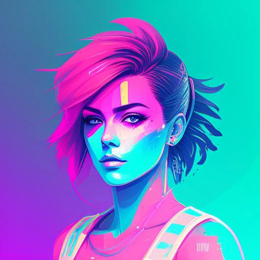 snthwve style nvinkpunk award winning half body portrait of a woman in a croptop and cargo pants with ombre navy blue teal hairstyle with head in motion and hair flying, paint splashes, splatter, outrun, vaporware, shaded flat illustration, digital art, trending on artstation, highly detailed, fine detail, intricate