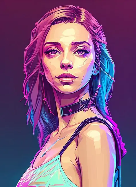 snthwve nvinkpunk style lora_sarafyan_girl, <lora:angelaSarafyan_v01t:0.75>, a woman with a black dress and a necklace, purple eyeshadow, with symmetrical facial features, medium closeup