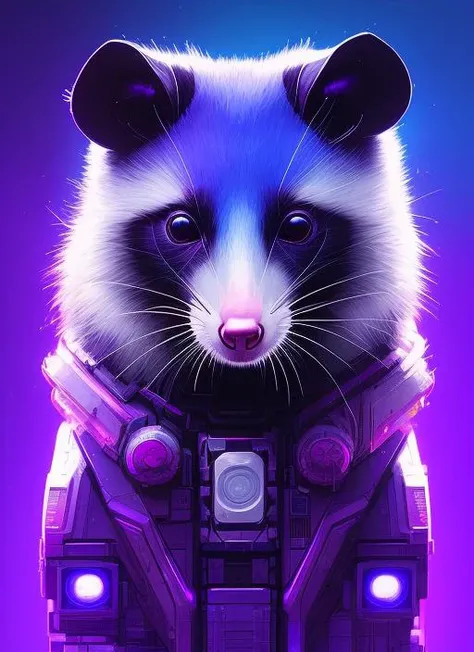 a beautiful portrait of a cute cyberpunk opossum aaaaaaaaaa by sandra chevrier and greg rutkowski and wlop, purple blue color scheme, high key lighting, volumetric light, digital art, highly detailed, fine detail, intricate, ornate, complex, octane render, unreal engine, photorealistic