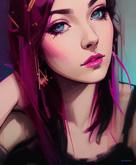 The image you uploaded features a striking portrait of a woman with vibrant, abstract colors. The artwork prominently uses shades of pink, blue, and black with a splash of white. The woman’s face is detailed with expressive eyes, high cheekbones, and defined lips. The painting style includes dynamic brush strokes and splatters, creating an energetic and modern look.