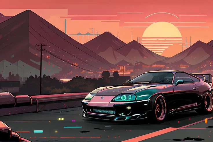(nvinkpunk:1.2) (snthwve style:0.8) VAL1 mk4Supra VAL2, lightwave, sunset, intricate, highly detailed <lora:mk4ToyotaSupra_v1:0.8>