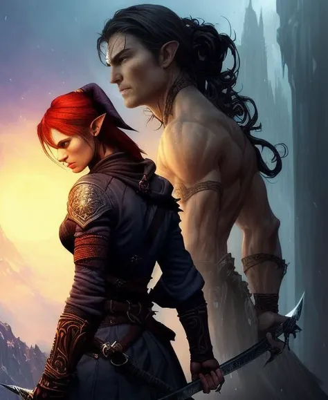 Vivid  [handpainted:photograph:0.5]  midjourney-style  by  Guillem H. Pongiluppi and  (Norman Rockwell:0.5) and (John Singer Sargent:0.5) of   fight between (fit handsome  Santa-Workshop elf man with a warrior god holding weapon in his hand) with (beautiful elegant femme fatale evil elf goddess with in black leather flowing dress  crouching while thrusting a katana in her hand), burning red ember eyes, sinister, dungeons and dragons,  D&D, dnd, action, dramatic, dramatic cinematic lighting, evil, snarl, looking at viewer, fully clothed ornate leather dress, aesthetic, menacing, fantasy, chaotic, bokeh, intricately detailed, Symmetry,  snowy, wet, Winter overlooking mountains, Hyper-Realistic, Ultra Resolution, desolate, darkwave, southern gothic, gothic, witchcore, iridescence, beautiful hands, HQ, moonlight, 8K, Fable III, Christmas, shot on Canon 5D, masterpiece [oil painting:hyperrealism:0.5] in the style of  (Mike Mignola:0.5)