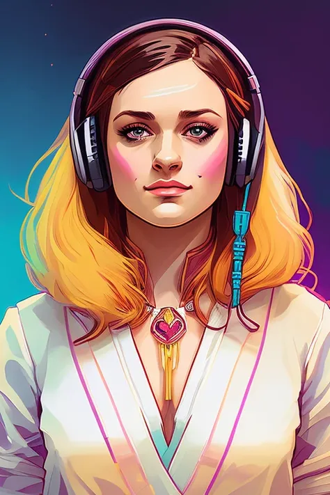 snthwve style nvinkpunk (symmetry:1.1) (portrait of floral:1.05) a photo of young (woman:1.5) with long transparent coat, (headphones:1.3), (blonde hair:1.5), (assassins creed style:0.8), pink and gold and opal color scheme, beautiful intricate filegrid facepaint, intricate, elegant, highly detailed, digital painting, artstation, concept art, smooth, sharp focus, illustration, art by greg rutkowski and alphonse mucha, 8k, theprince