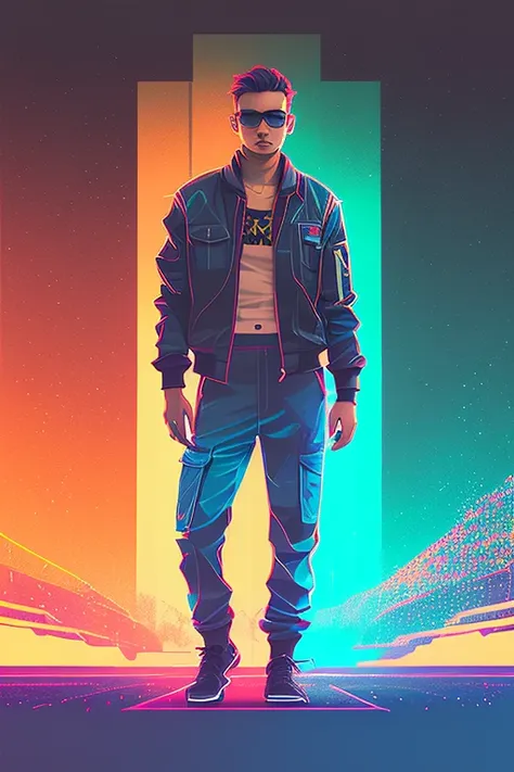 snthwve style nvinkpunk award winning half body portrait of a man in a croptop and cargo pants with ombre navy blue teal hairstyle with head in motion and hair flying, paint splashes, splatter, outrun, vaporware, shaded flat illustration, digital art, trending on artstation, highly detailed, fine detail, intricate