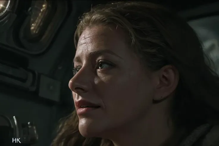 woman louisaclein, <lora:louisaclein2:0.9>,cinematic shot, closeup 3/4 view side profile, from side, a (scared:1.8) (hiding between densely packed leaking pipes:1.1) in a (abandoned and broken derelict sci-fi spaceship:1.1), (looking over her shoulder:1.1). Steam, intricate background. sci-fi horror movie, moody, dimly lit, soft lighting, backlit, cinematic film still (eerie blue lighting:1.3), shallow depth of field, vignette, extremely detailed, high budget Hollywood movie, cinemascope, (film grain:0.3), detailed, realistic, 8k uhd, high quality