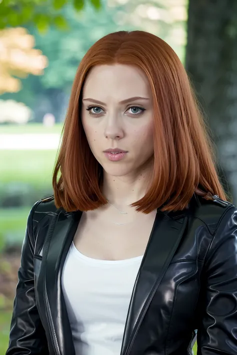 Scarlett Johansson Black Widow, big tits, White wall background.Half body, mono, looking at the viewer, very detailed skin, trees, 8k hd, DSLR, soft lighting, high quality, film grain, 120cm Large DDD Giant Bust., cinematographic, hyper detailed, XF IQ4, 150 megapixels, 50mm, ISO 1000 certificate, 1/250 years, natural light, Adobe Lightroom, Photo.great black widow