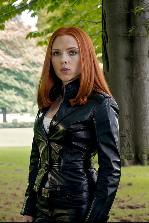photo of woman, blackwidow, ginger hair, long hair, black leather jacket, white shirt, black pants, cleavage, looking at viewer, high detailed skin, trees, park, grass, 8k uhd, dslr, soft lighting, high quality, film grain, Fujifilm XT3 <lora:BlackWidow:1>
