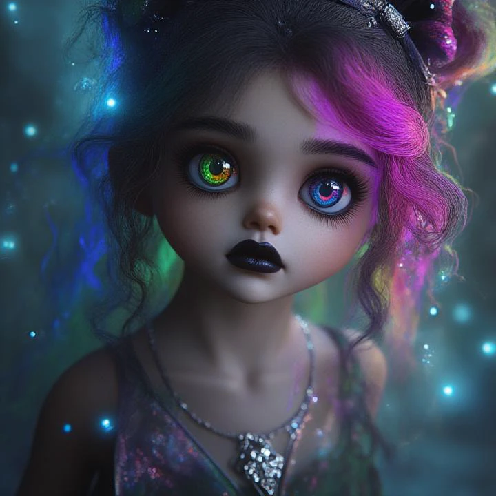 one beautiful amazing girl with pretty face and big ultradetailed eyes, muticolored rainbow hair, with magic glimmerring hair, ultra realistic, sharp photo, high detailed, high definition, high quality, rainbow colored eyes, silver necklace, and a black ribbon on top of her head, black lips, dreamscape background,