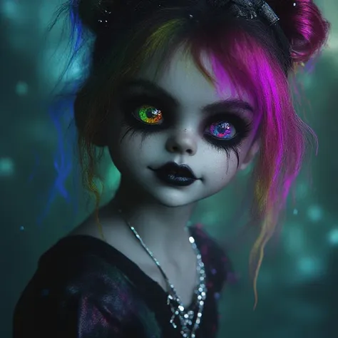 one beautiful amazing girl with pretty face and big ultradetailed eyes, muticolored rainbow hair, with magic glimmerring hair, ultra realistic, sharp photo, high detailed, high definition, high quality, rainbow colored eyes, silver necklace, and a black ribbon on top of her head, black lips, psychopathic grin and a pysychopathic look on her face, dreamscape background,