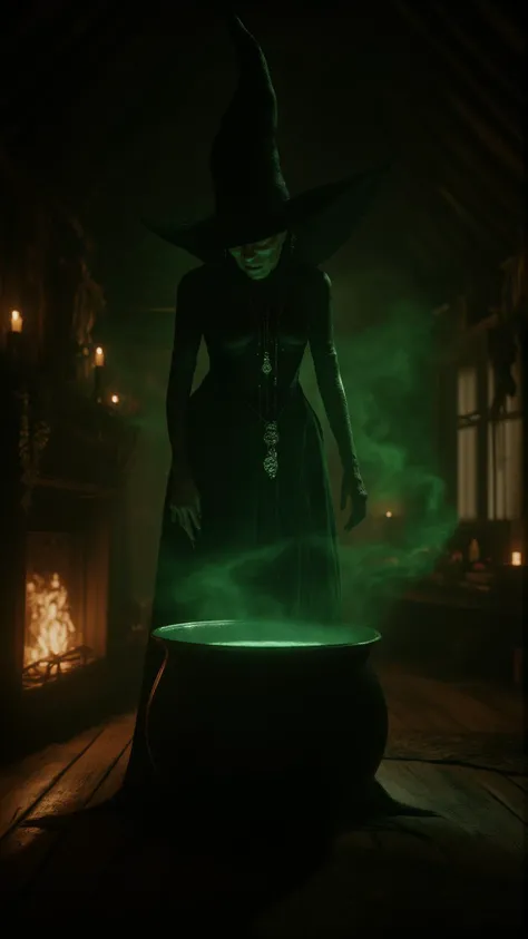 ultra realistic, ultra detailed, sharp photo, witch of the north from wizard of Oz, amazing and beautiful witch in black corset and a wide witch hat with silver pendants on short chains, behind the witch is a witch's cauldron where rainbow light shines out in a shimmer with a predominant green smoke, inside a house, on the walls of the wooden house are carcasses of animals and carcasses, as well as herbs of various kinds, the room is lit by the fire under the cauldron and by a fireplace, some candles and a table with a lot of different things are visible, 8K, detailed,