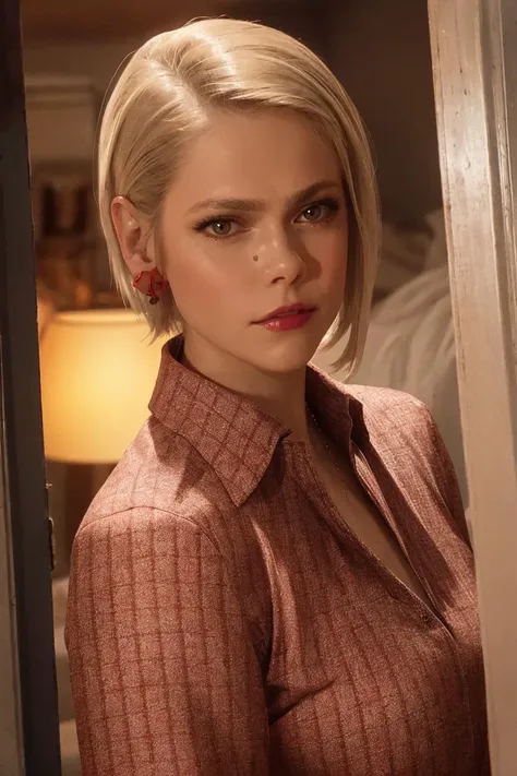 portrait of a woman in red checkered shirt, in the doorway, pixie cut, bold, bright colours, (high detailed skin:1.1)
<lora:lily_cowles_lora_v01:1> lilycowles, mole