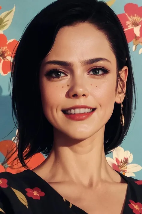 portrait of a woman in floral top, at Moscow street, smile, bold, bright colours, (high detailed skin:1.1)
 <lora:lily_cowles_lora_v01:1> lilycowles, mole, short black hair
