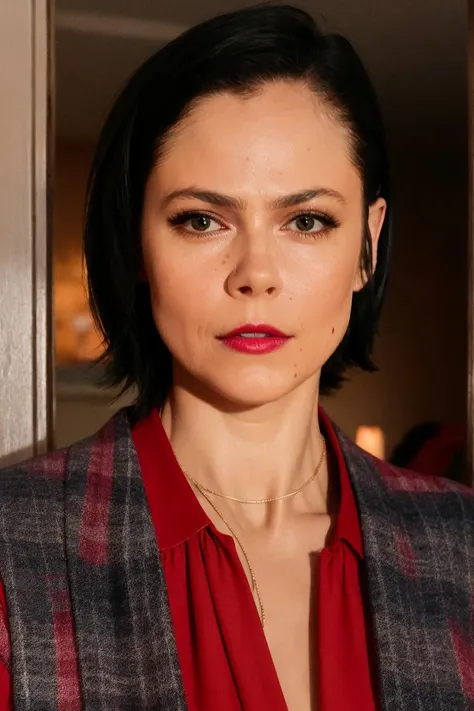 portrait of a woman in red checkered shirt, in the doorway, pixie cut, bold, bright colours, (high detailed skin:1.1)
<lora:lily_cowles_lora_v01:1> lilycowles, mole on face, short black hair