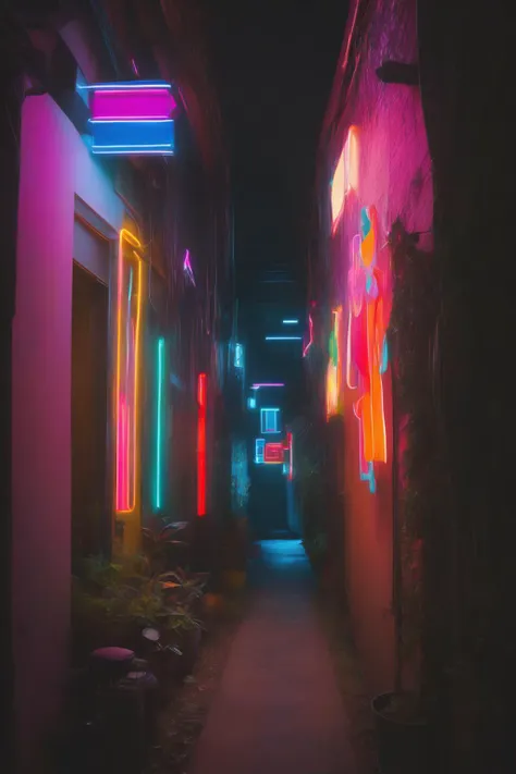 <lora:Neon Night:1>Neon Night - a quiet alleyway transformed by multicolored neon art installations