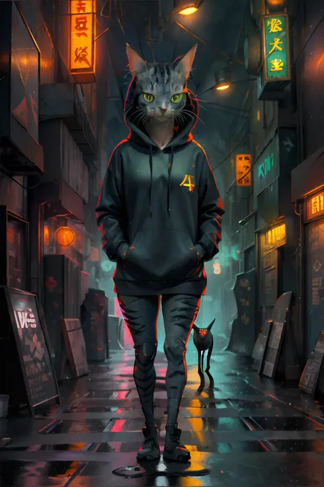 <lora:c4ttitude:0.5> <lora:neonnight:0.8> a c4ttitude cat standing on a dark slum street at night, raining, wearing hoodie, neon store signs || masterpiece, 8k, high resolution, shallow depth of field, sharp focus