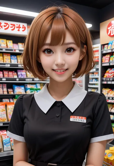 (medium full shot) of (attentive cashier) young woman, petite build, short red hime cut hair, korean, tan skin, light brown eyes, processing card payments, wearing a black uniform dress, flats, neutral eyeshadow light foundation, name tag, set in  a small convenience store, with quick access to essentials, snacks, beverages , at night,, woman smiling, ,Masterpiece,best quality, raw photo, realistic, very aesthetic, dark