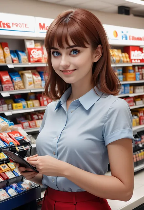 (medium full shot) of (diligent cashier) young woman, normal build, medium red side-swept bangs hair, spanish, tan skin, blue eyes, checking prices, wearing a red collared shirt, tailored trousers, simple low heels, minimal eyeliner neutral eyeshadow, wristwatch, set in  a small convenience store, with quick access to essentials, snacks, beverages , during the day,, woman smiling, ,Masterpiece,best quality, raw photo, realistic, very aesthetic, dark