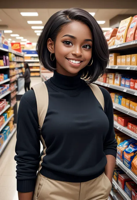 (medium full shot) of (helpful cashier) young woman, curvy build, extra long dark inverted bob cut hair, black american, dark skin, black eyes, organizing the checkout area, wearing a black sweater vest, khaki pants, comfortable sneakers, light foundation minimal eyeliner, keychain, set in  a well-stocked grocery store, featuring a variety of products, clean aisles, helpful signage, at night,, woman smiling, ,Masterpiece,best quality, raw photo, realistic, very aesthetic