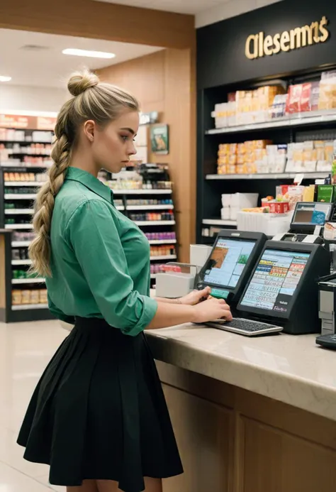 (medium full shot) of (professional cashier) young woman, voluptuous build, extra long blonde double braids hair, german, tan skin, mint green eyes, organizing the checkout area, wearing a dark green collared shirt, knee-length skirt, simple low heels, neutral eyeshadow minimal eyeliner, keychain, set in  a modern checkout counter, with touch-screen registers, self-checkout options, efficient layout, at night,, ,Masterpiece,best quality, photo, realistic, very aesthetic