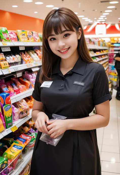 (medium full shot) of (diligent cashier) young woman, curvy build, medium hazel bangs hair, philippine, light skin, brown eyes, putting groceries in a bag, wearing a black uniform dress, slip-resistant shoes, clear lip gloss light foundation, name tag, set in  a vibrant department store, with colorful displays, seasonal promotions, customer service desks, during the day,, woman smiling, ,Masterpiece,best quality, raw photo, realistic, very aesthetic, dark