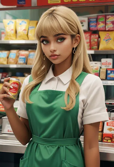 (medium full shot) of (diligent cashier) young woman, voluptuous build, extra long blonde bangs hair, indian, caramel skin, jade green eyes, handling cash, wearing a green apron dress, loafers, minimal eyeliner clear lip gloss, keychain, set in  a small convenience store, with quick access to essentials, snacks, beverages , at night,, ,Masterpiece,best quality, photo, realistic, very aesthetic