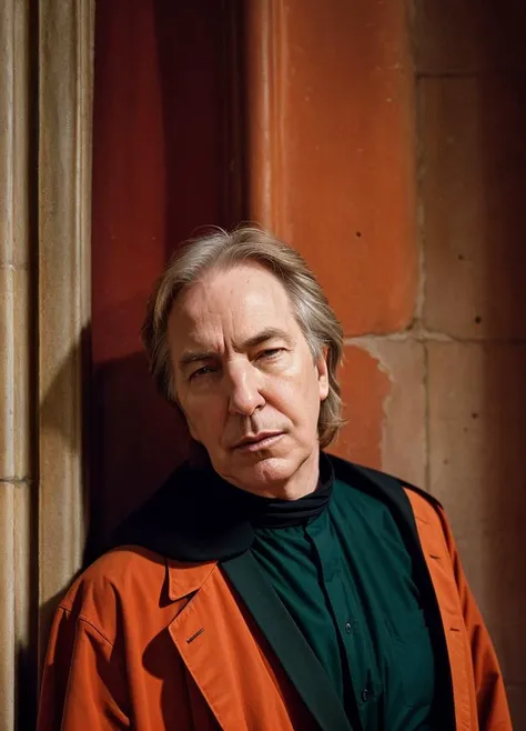 portrait of alanrickman-ti in Barcelona, at the Sagrada Familia, by Flora Borsi, style by Flora Borsi, bold, bright colours, ((Flora Borsi)), by Imogen Cunningham