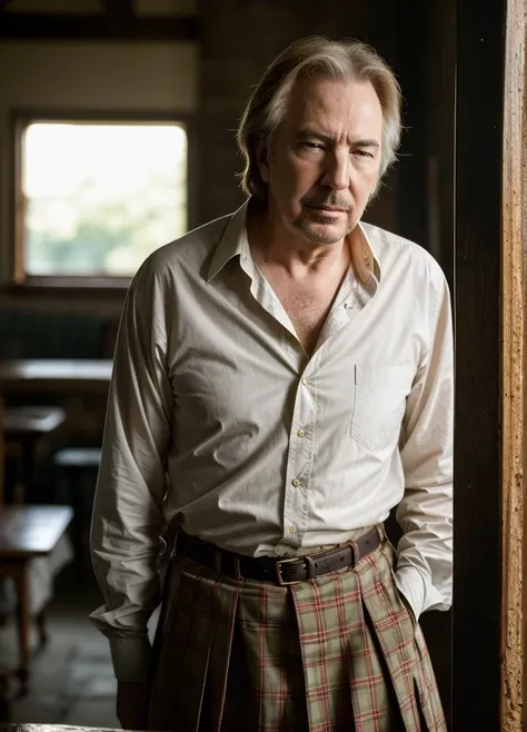 A stunning intricate color close up portrait of (alanrickman-ti:1) , wearing Ruffled skirt and button-down shirt, epic character composition, sharp focus, natural lighting, subsurface scattering, f2, 35mm, film grain, , by Dominique Issermann