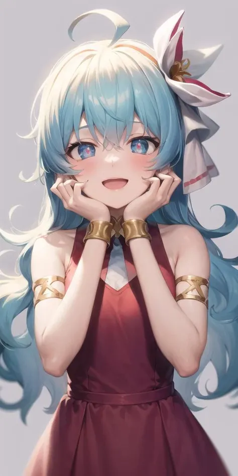 1girl, :d, ahoge, armlet, bangs, bare shoulders, blush, bow, bracelet, chin rest, cloud hair, curly hair, dress, eyebrows visible through hair, flower, grey background, hair bow, hair flower, hair ornament, hands on own cheeks, hands on own face, heart, jewelry, long hair, multicolored hair, open mouth, pink dress, pink flower, raised eyebrows, simple background, smile, solo, symbol-shaped pupils, symbol commentary, two-tone hair, upper body, very long hair,<lora:nia_v1:0.7>