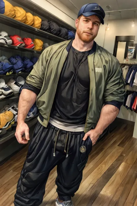 candid-photography-style <lora:dg_Tuck_v1:1> dg_Tuck-wearing-Urban-Street:-Bomber-jacket joggers sneakers baseball-cap-at-work-at-a-clothing-store <lora:ARWarwclothingstoreconcept:0.25> arwclothingstoreconcept